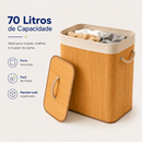 Vittak Cesto de Roupa Suja Bambu 70 LITROS Lavanderia com Tampa Retangular Forrado Quarto Banheiro Dobrável